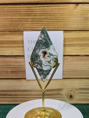 Druzy Green Moss Agate Diamond on Gold Stand
